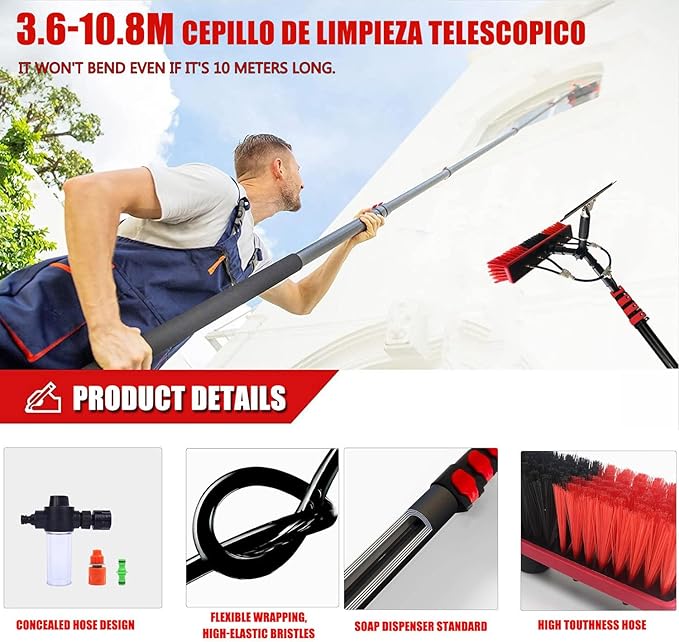 3.6-10.8m Solar Panel Cleaning Kit Glass Cleaning Brush Telescopic Hydrocleaner Telescopic Brush with Telescopic Rod Water Fed Pole Kit Window Cleaning Brush Outdoor Windo