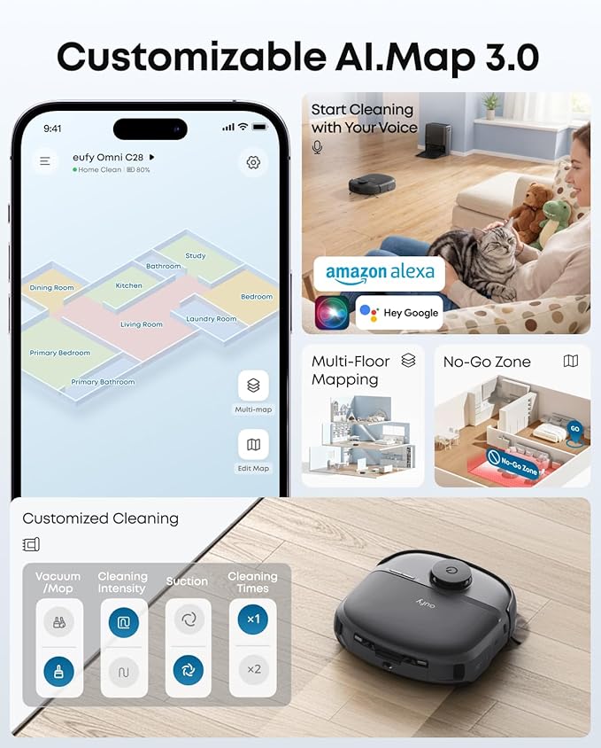 eufy C28 Robot Vacuum and Mop for Pet Hair 15000 Pa Suction HydroJet™ Self-Cleaning Roller Mop DuoSpiral Anti-Tangle Brush All-in-One Auto-Empty Station AI Obstacle Avoidance