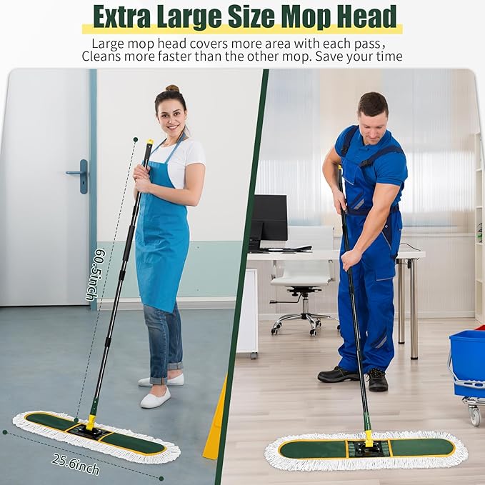 24 Commercial Dust Mop for Floor Cleaning Heavy Duty Large Mop with Replacement Mops Pads Industrial Duster Floor Wet Dry Broom for Cleaning Office Garage Hardwood Warehouse