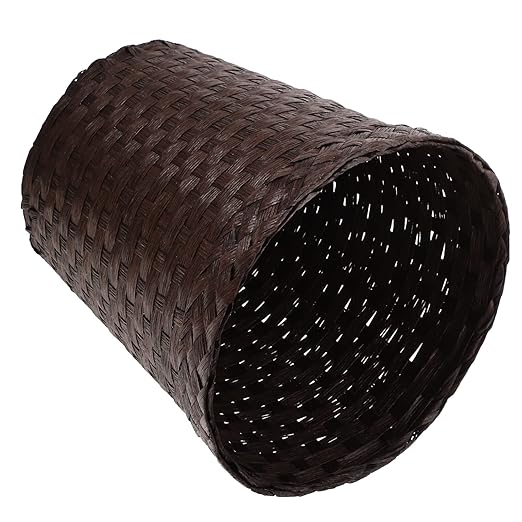 TEHAUX Wicker Laundry Basket Round Bathroom Basket Straw Trash Can Simple Storage Baskets Household Waste Paper Basket Rattan Basket for Bathrooms and Bedrooms (Coffee)