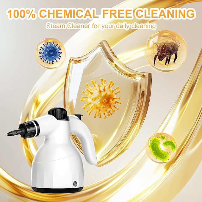 Handheld Steam Cleaner: Multi-Surface Steamer with 10 PCS Accessories Pressurized Natural Steam Cleaner for Home Cleaning Dirt Grease Grout Tile Floor Couch and Car White