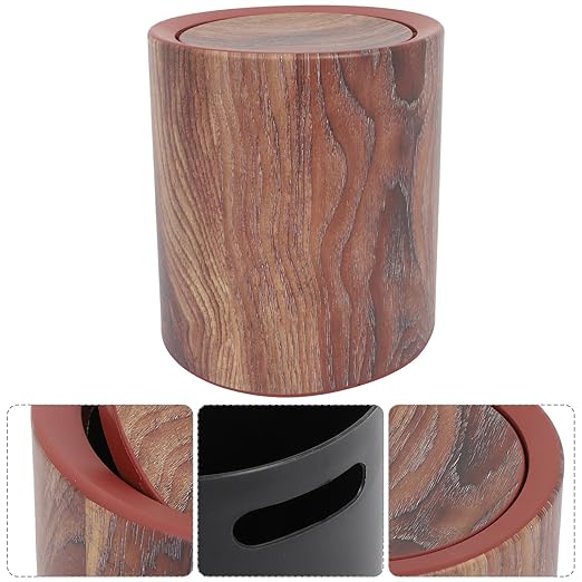 Wood Grain Small Trash Can with Swing Lid Medium Round Wastebasket Plastic Flip Lid Dustbin for Bathroom Kitchen Bedroom Home Office Use