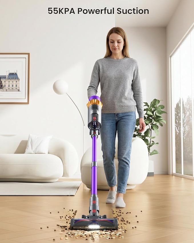 Cordless Vacuum Cleaner 55KPa 650W Max 70 Mins Vacuum Cleaner for Home Wall mount Charging Dock Self-standing Vacuum Cleaner with Scented Tablet Anti-tangle Stick Vacuum for Pet Hair/Carpets/Floors