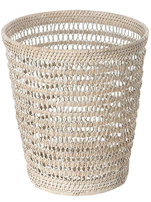 Kouboo La Jolla Rattan Mesh Waste Basket – Round Trash Can for Bathroom Bedroom Office – Boho Wicker Bathroom Storage Small Garbage Bin for Home Decor &amp Storage Basket White Wash