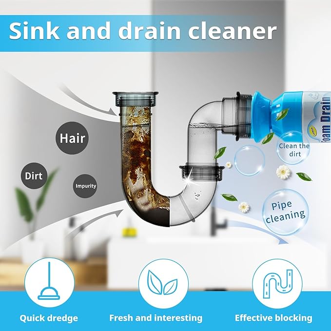 Drain Cleaner Foaming Drain Cleaner and Deodorizer Sink Cleaning Foam Drains Clog Remover for Kitchen Bathroom Drains Sinks Tubs (2PCS)