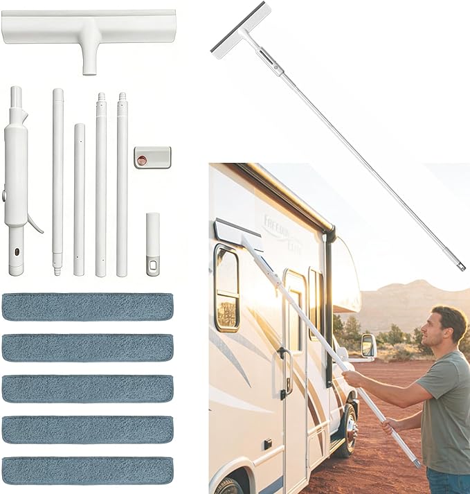 RV Window Cleaning Squeegee with Spray Max 73.3 Handle Motorhome &amp Camper Exterior Glass Cleaner 3-in-1 Spray Mop for High Windows Home &amp Car