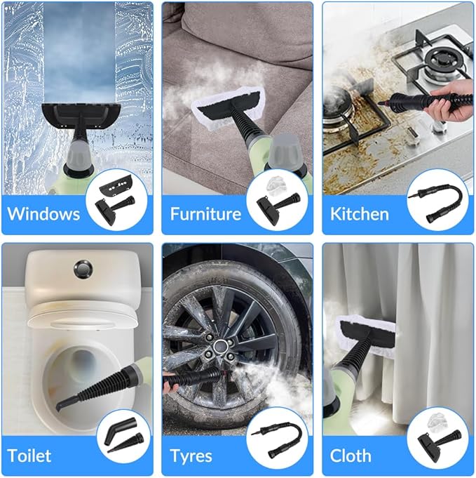 Handheld Pressurized Steam Cleaner with 12 pcs Accessories Portable Steamer for Cleaning Steam Cleaner for Home Use Steamer for Cleaning Car Furniture Floor Upholstery Grout and Tile Green