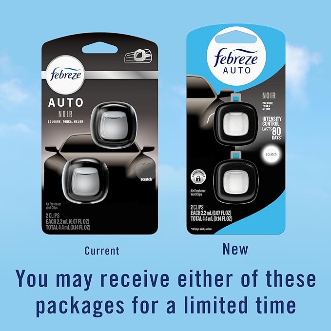 Febreze AUTO Air Freshener Odor-Fighting Automotive Vent Clip Noir Scent 8 Count
