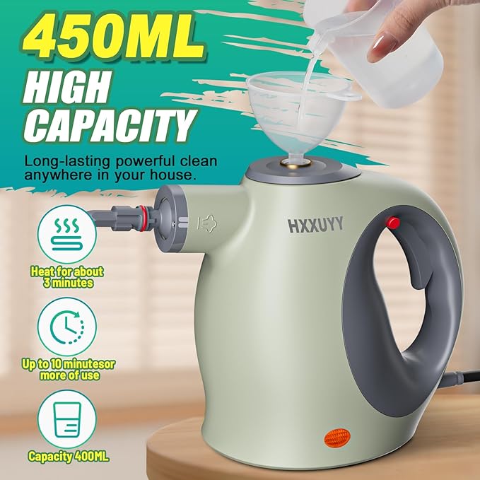 Multi-Surface Handheld Pressurized Steam Cleaner with 13 PCS Accessory Portable Steamer for Cleaning Multipurpose Steam Cleaner for Home/Car/Bathroom/Grease/Upholstery/Floor/Grout and More (Green)