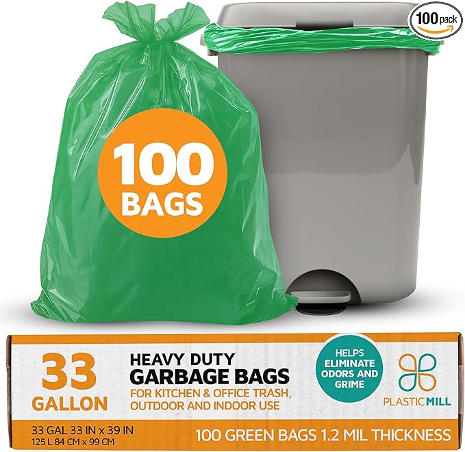 PlasticMill Heavy Duty Trash Bags - Green Garbage Bags - Plastic Trash Bags - Tall Trash Bags Trash Can Liners - 33-Gallon Large Kitchen Trash Bags 1.2 Mil 33x39 (100-Count)