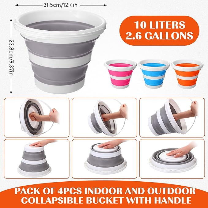 Pickmesh 4 Pcs Collapsible Bucket 2.6 Gallon (10l) Foldable Collapsible Sand Bucket with Handle Small Cleaning Pail for Household Outdoor Car Washing Camping Beach Sand (Blue Pink Orange Gray)
