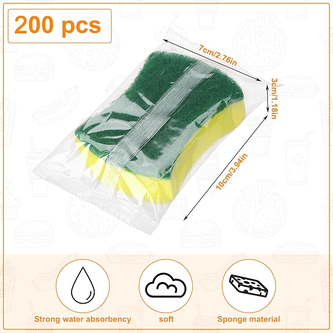 200 Pcs Individually Wrapped SpongesUncompressed Non Scratch Scrouing Sponges for Household Cleaning Dishes Kitchen Airbnb Apartment Car Bike
