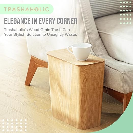 Light Wood Grain Indoor Trash Can w/Removable Cover - 3.4-Gallon Modern Waste Bin for Office Bedroom Bathroom - Slim Garbage Basket with Plastic Trash Bag Holder - Covered Diaper Trash Can