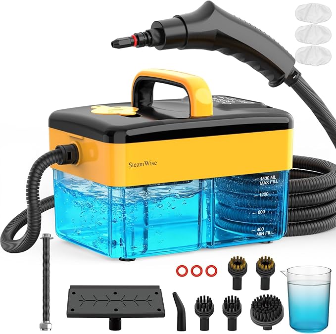 10S Fast Heating Heavy Duty Steam Cleaner 7 Adjustable Levels 1.6 Quarts Tank Continuous Spray Natural Deep Cleaner Portable Handheld Steamer with 15 Accessories for Home Car Tile (Yellow)