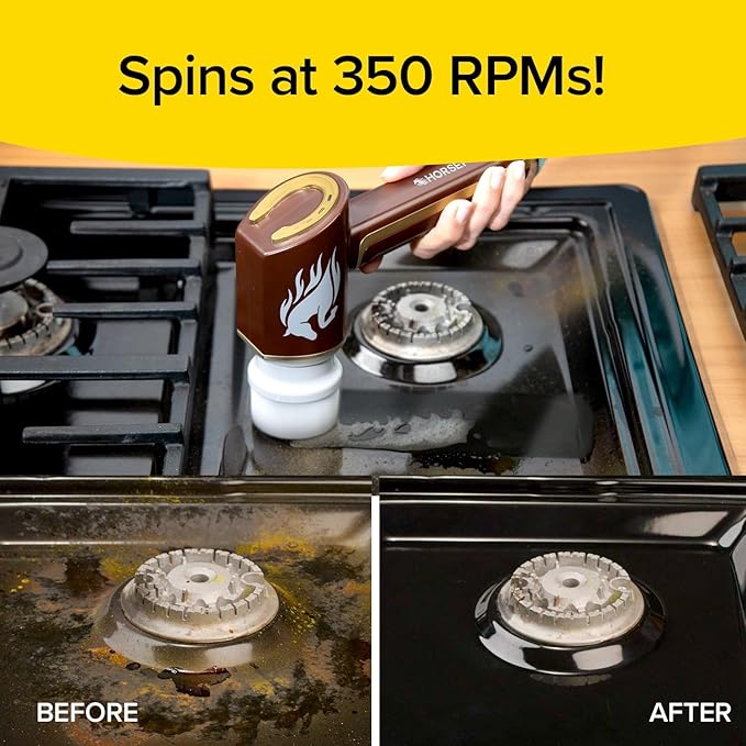 Horsepower Scrubber Gold Edition Longer Battery Life Electric Power Rechargeable Spins 350 RPM Waterproof 5 Brush Heads AS SEEN ON TV Cleans Dirt &amp Grime: Bathrooms Kitchen Indoors/Outdo