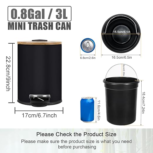 Mini Trash Can with Bamboo Lid Soft Close and Foot Pedal 0.8Gal / 3L Tiny Round Trash Can with Removable Plastic Inner Wastebasket for Bathroom Bedroom Powder Room Office Desk Car Black