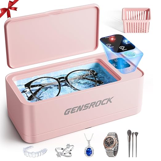 GENGROCK Ultrasonic Jewelry Cleaner Machine 48kHz Sonic Cleaner 3 Modes Deep Cleaning 360ML Food Grade Tank 45dB Quiet for Jewelry Rings Gold Silver Glasses Dentures(Pink)