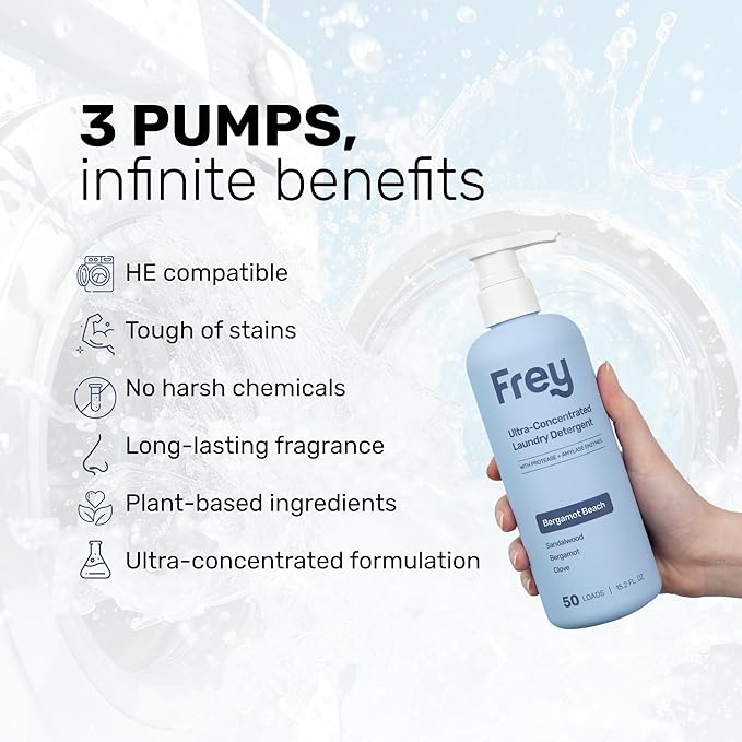 FREY Concentrated Natural Laundry Detergent - 50 Concentrated Loads of Long Lasting High Efficiency Liquid Laundry Detergent - Eco Friendly Blend of Great Smelling Biodegradable Natural Ingredients S