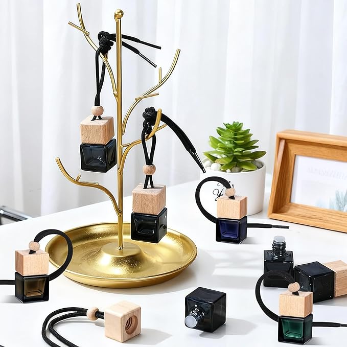 50 Pcs Hanging Car Air Freshener Empty Glass Car Diffuser Bottles Refillable Perfume Bottle Freshener Diffuser Bottle Pendant for Essential Oil Fragrance Aromatherapy Bottle Ornament(Black)