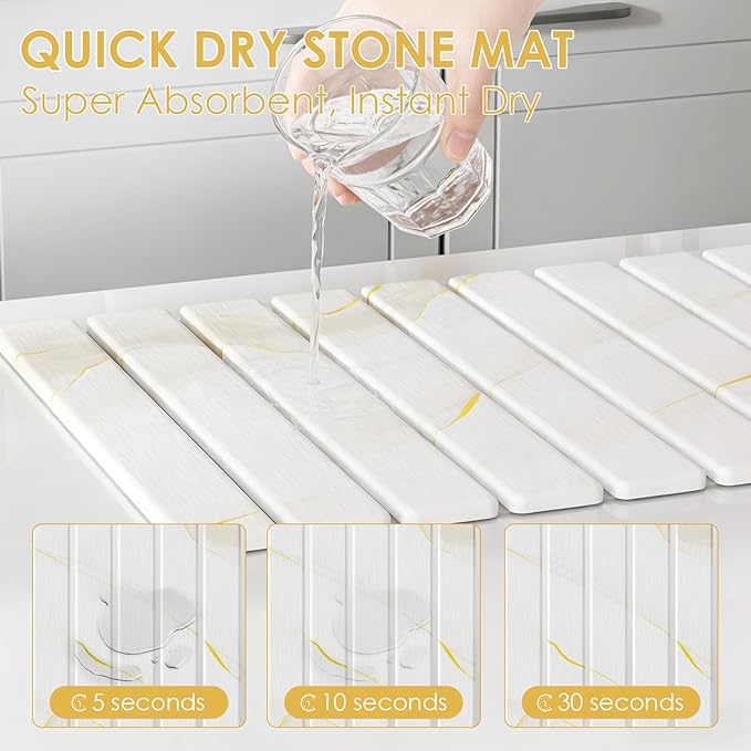 Stone Dish Drying Mat for Kitchen Counter 4-Piece Set with Diatomaceous Earth Dish Drying Mat Stone Faucet Mat and Small Drying Mat Super Absorbent Quick Dry for Dishes Cups Bottles