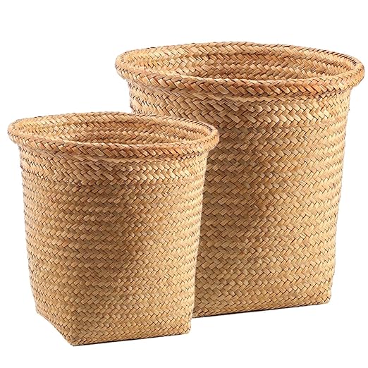 ARTIBETTER 2pcs Seagrass Waste Basket Woven Trash Can Garbage Container Bin Wicker Rattan Laundry Hamper Plant Pot Holder Sundries Storage Basket for Kitchen Bathroom Home Office