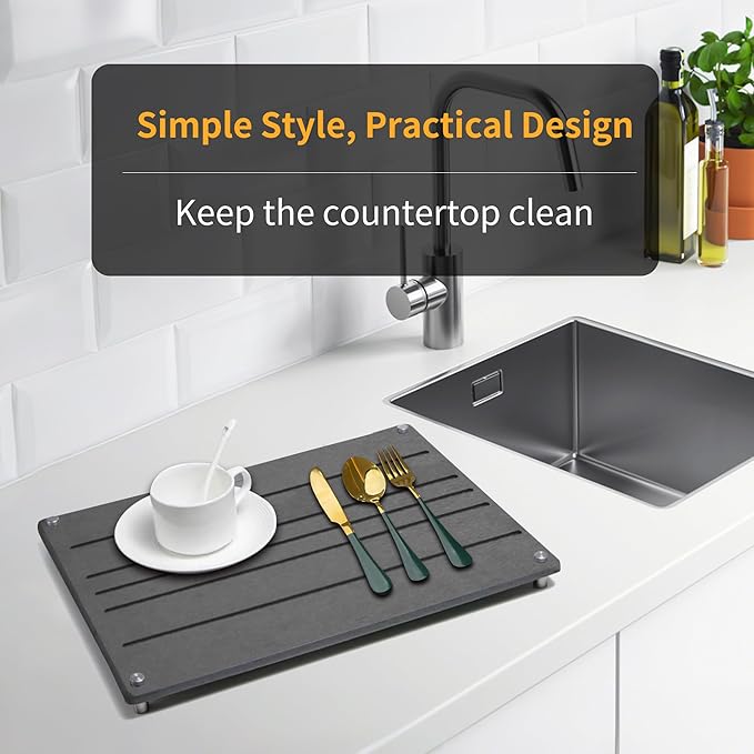 Stone Dish Drying Mat 15.7x11.8(DARK GRAY) Fast Dry Diatomaceous Earth Drying Mat Non-Slip Absorbent Kitchen Bath Counter Mat with Stainless Steel Legs