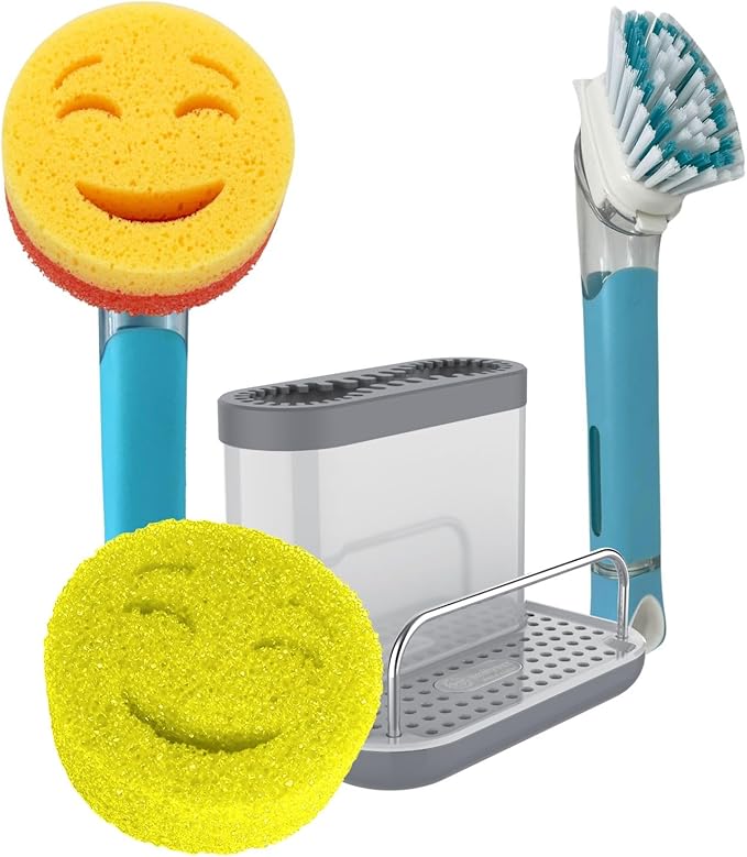 The Original Smiling Sponge Handle Soap Dispensing Handle by Smilyeez for The Smiling Sponge with Smilyeez Caddy &amp Dishwand with 2 Scrub Brushes (Light Blue)