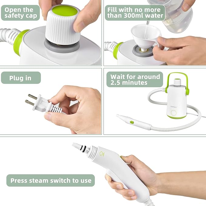 COSTWAY Handheld Multipurpose Steam Cleaner with 300ml (10.2oz) Water Tank Extended Hose &amp Extra-long Cord Portable Heavy Duty Steamer for Garment Windows Tires 10 Piece Accessory Set (Green