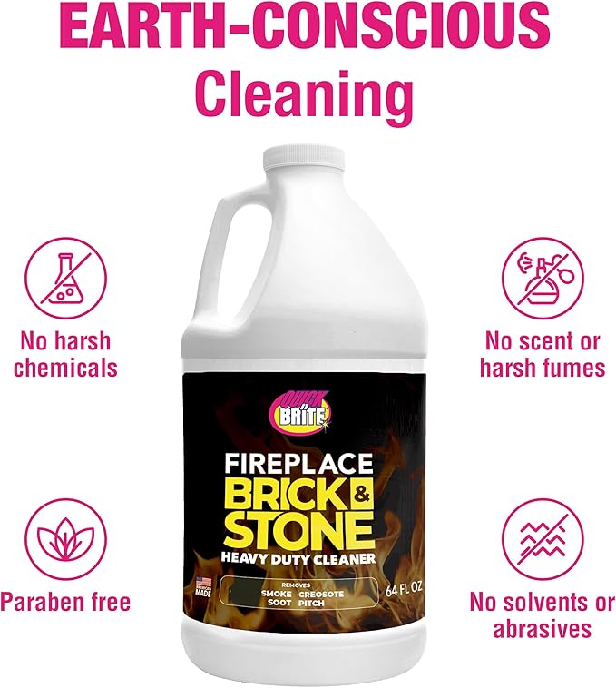 Quick 'n Brite Fireplace Brick and Stone Cleaner 64oz - Natural Stone Tile and Marble Cleaner with Scrub Brush - Indoor Fireplace and Wood Stove Cleaning Kit - Pellet Stove Creosote Remover