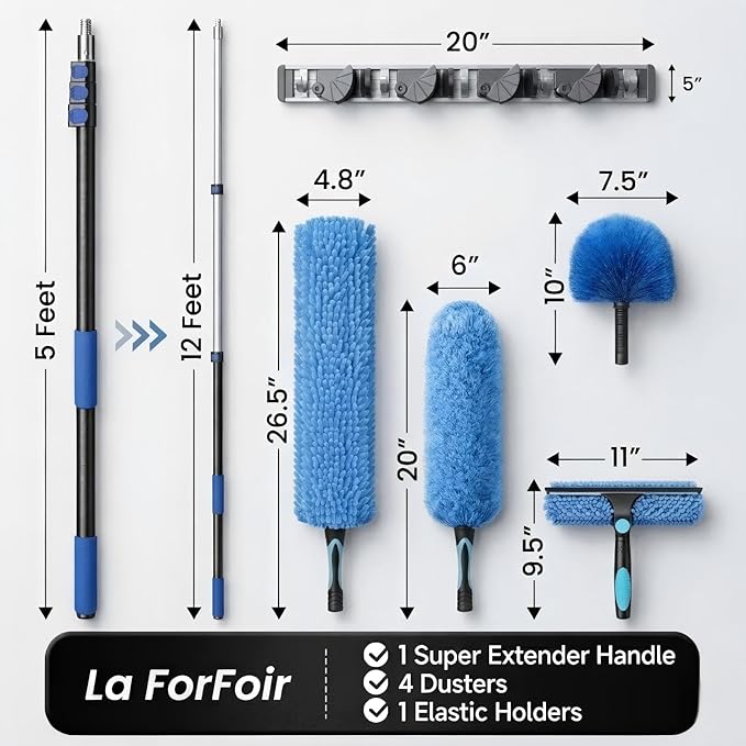20ft High Ceiling Duster Kits with 5-12ft Heavy Duty Extension Pole - Fan Blade Cleaner Cobweb Remover &amp Blue Window Squeegee Kit Washable Dust Brush for High Roof and Glass Surfaces