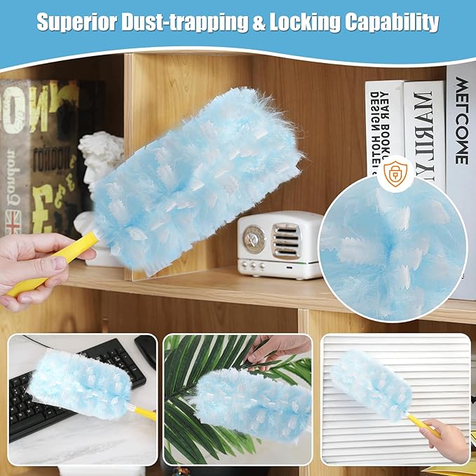 40 Count 360° Heavy Duty Duster Refills Compatible with Swiffer Large Size-Extra Thick Disposable Electrostatic Duster Refill with 1 Short Handle for Furniture Blinds Ceiling Fans