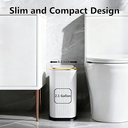 TIPGO Bathroom Trash Can with Lid 2.1 Gallon / 8 Liter Small Garbage Can Press Top Bin Stainless Steel Wastebasket with Pop-Up Lid for Bedroom Living Room Office (White)