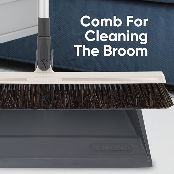 Superio 18 Horse Hair Upright Broom with Telescopic Handle &amp 16 Gray Dustpan with Comb Rubber Lip &amp Clip – Narrow Thin Dust Broom for Dog Hair – Hardwood &amp Tile Floor Cleaning Set – Gra
