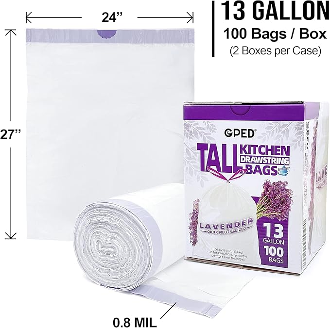 8NET 13 Gallon Kitchen Drawstring Trash liners Bags | 0.8 Mil | 24 x 27 - 100 Count Per Box (Box of 2) | Kitchen Home Office Bedroom Garbage Bags | Lavender Fresh Scent | White