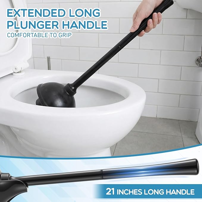 2 Pack Toilet Plunger with Holder 21.5-Inch Commercial Grade Heavy-Duty Plunger Set with Storage Base Professional Bathroom Maintenance Tool Black