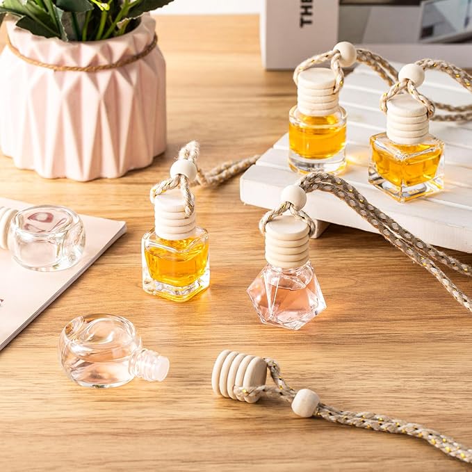 Zubebe 500 Pcs Hanging Car Diffuser Bottles Bulk 5 Styles Empty Glass Refillable Air Freshener Bottles with Wooden Cap for Perfume Essential Oils Fragrance Aromatherapy Ornament 8ml 10ml