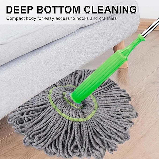 Spin Mop with Self-Wringing System 360° Swivel Stainless Steel Handle &amp Ultra-Absorbent Bamboo Fiber Mop Head No Wash Lazy Mops Wet and Dry - Lightweight &amp Compact (2 mops)