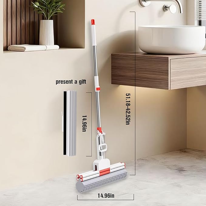 Household Telescopic Rod PVA Roller Mop One-Click Replacement 14.96Inch Sponge Head (Includes an Extra PVA Mop Head) Suitable for Tiles Floors Bathrooms and Home Use