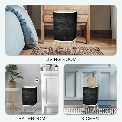 Small Trash Can with Lid Black Grey Wooden Plank wall Texture Old Natural Pattern 2.6 Gallon/10L Garbage Can Waste Bin with Pop-Up Lid Wood Legs Wastebasket for Bathroom Kitchen Bedroom
