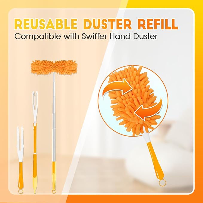 16Pcs Reusable Duster Refill Compatible with Swiffer Hand Duster +3FT Extended Handle +1 Handle 360 Heavy Duty Duster Refills for Cleaning Office Ceiling Fan