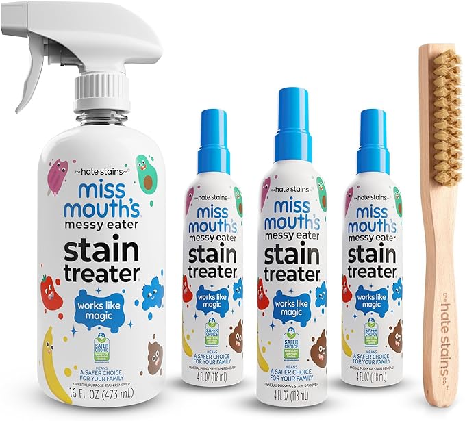 Miss Mouth's Messy Eater Stain Treater Value Bundle - 16oz Bottle 4oz Spray 3-Pack &amp Laundry Brush - Baby Stain Remover for Clothes &amp Carpet