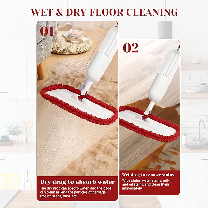 Spray Mop for Floor Cleaning Wet Dry Microfiber Mop with 4 Washable Pads 650 ml Refillable Bottle and 1 Scraper for Home Kitchen Hardwood Laminate Wood Vinyl Ceramic Tiles Wooden Floor