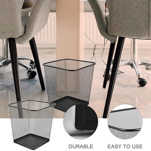 Housoutil 2Pcs Metal Mesh Wastebaskets Quadrilateral Frame Trash Cans in Black Small and Large Size Ventilated Garbage Containers for Home and Office Desk Use