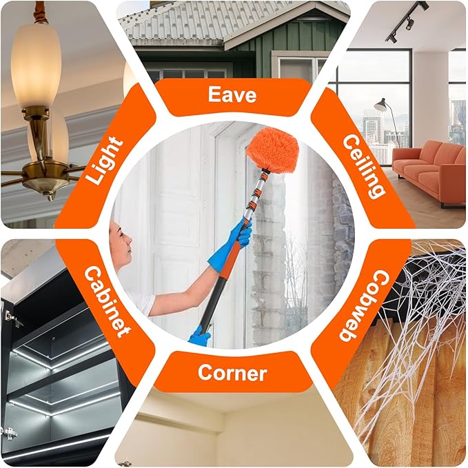 20FT Reach Cobweb Duster with Extension Pole High Ceiling Long Duster with 3-12FT Telescoping Pole Spider Web Brush for Indoor Outdoor Use