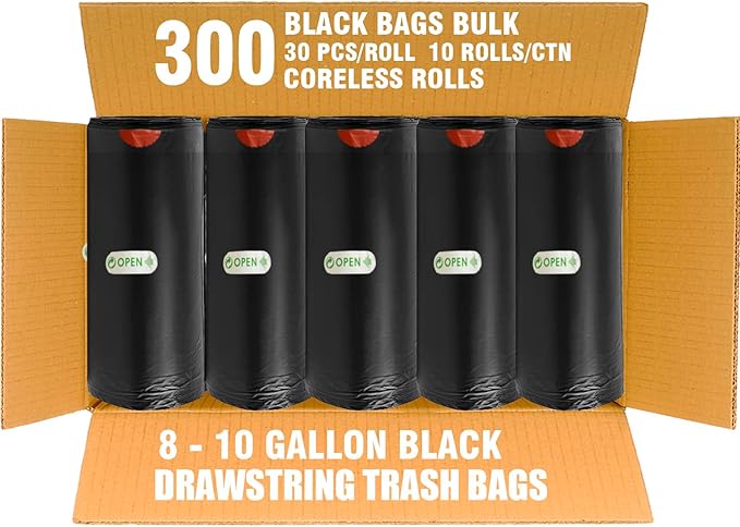 8-10 Gallon Trash Bags Drawstring 300 Count Bulk Black &amp Unscented Multi-purpose Garbage Bags for Business Home Bathroom Kitchen Commercial and Industrial
