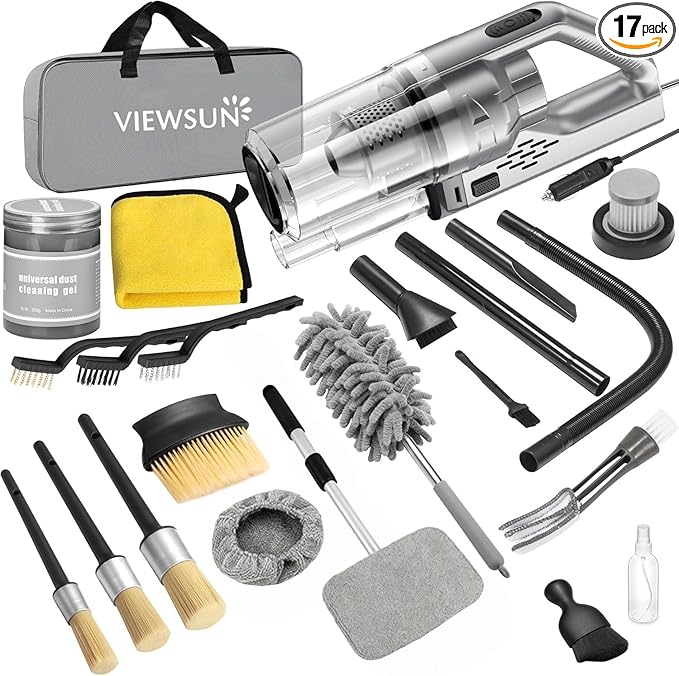 Viewsun Car Cleaning Kit 17PCS Car Interior Detailing Kit with Gray High Power Handheld Vacuum Detailing Brush Set Windshield Cleaner Cleaning Gel Complete Auto Accessories for Men Women