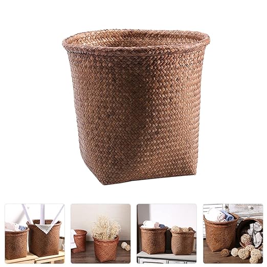 1pc Straw Woven Wastebasket Retro Garbage Can for Home Multi-Functional Storage Basket Smooth Edges Craftsmanship for Living Room Bedroom Office