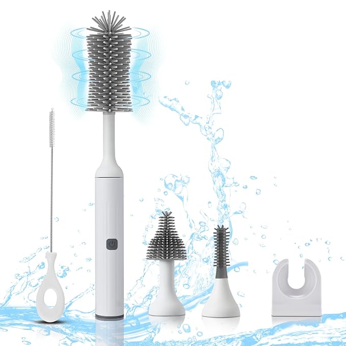 Electric Baby Bottle Brush Set with Rechargeable Electric Bottle Brush Cleaner and Replaceable Silicone Bottle Brushes and Straw Brush Cleaner Waterproof Multi-Purpose Cleaning Brush (White)