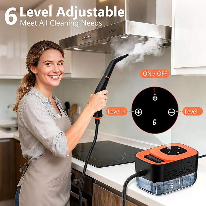 Steam Cleaner Portable Steamer for Cleaning with 16pcs Accessories 6-Level Adjustable 15s Heat-Up Handheld Steam Cleaner for Home for Tile Grease Dirt Grout Car Detailing Orange