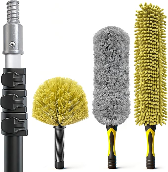 4-12Ft Telescoping Extension Pole Kit 4-in-1 High Reach Duster with Chenille Microfiber Feather &amp Cobweb Duster Attachments for Ceiling Wall Hard-to-Reach Indoor &amp Outdoor Cleaning Yellow